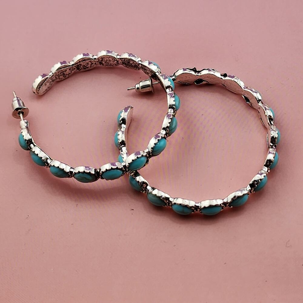 Turquoise Color Cabochon Silver Tone Large Hoop Earrings Boho Statement